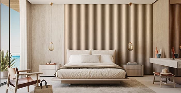 Minimalist bedroom with warm tones and elegant style