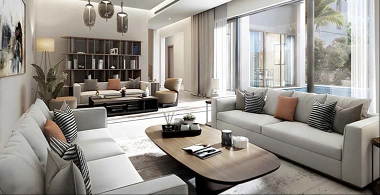 Modern villa living room with elegant decor and pool view