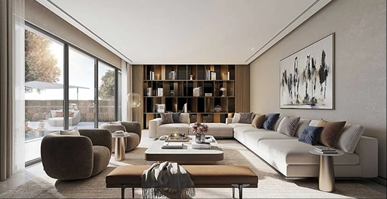 Luxury living room with modern décor and large windows