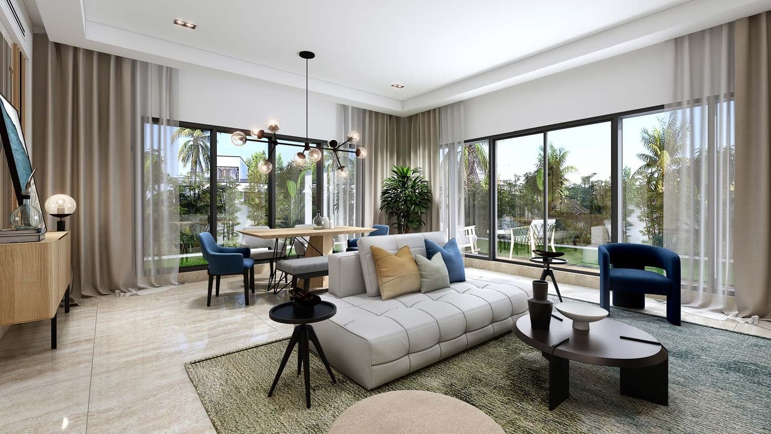 Contemporary living room with large windows and bright natural light