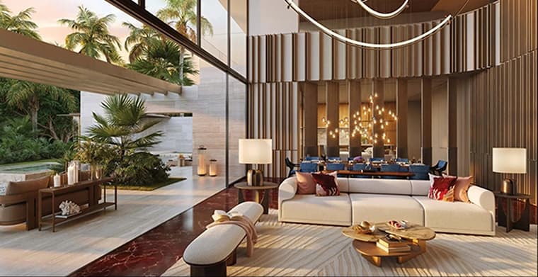 Elegant villa living room with open space and garden view