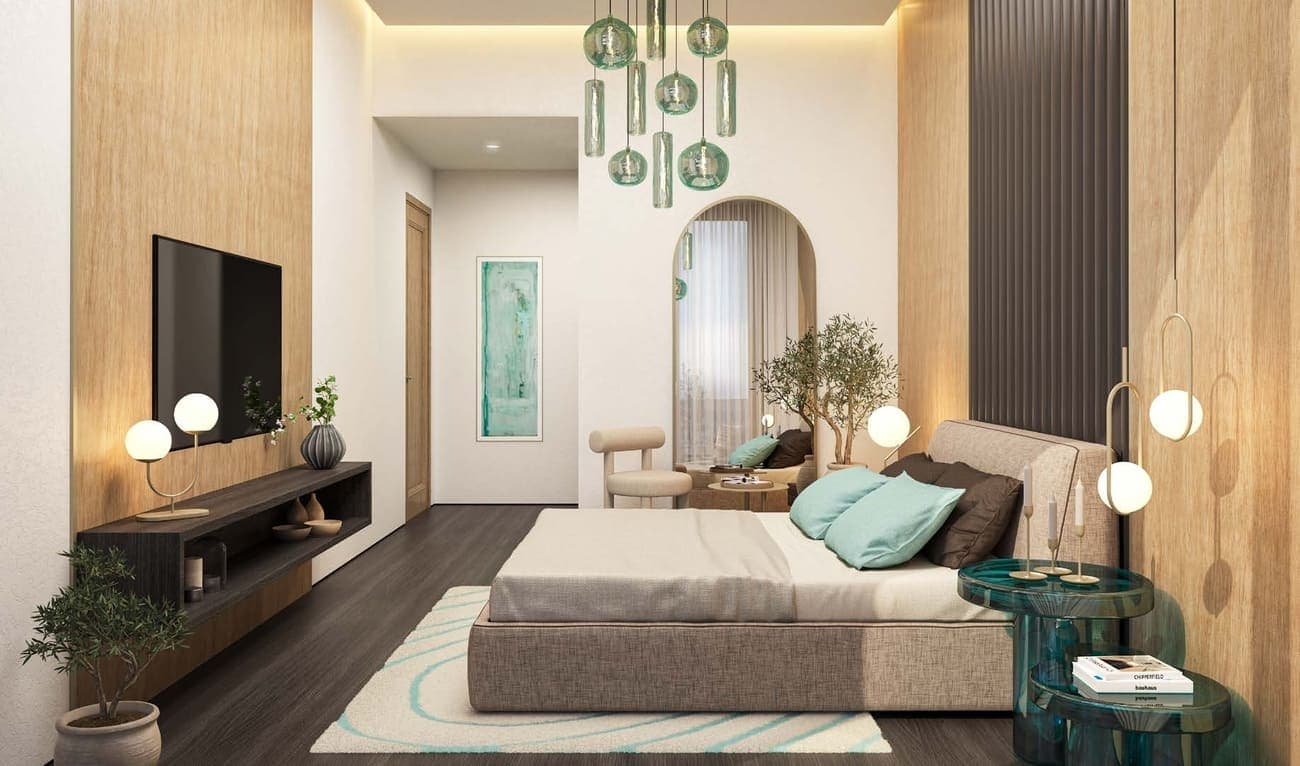 Modern bedroom with green decor and minimalist style