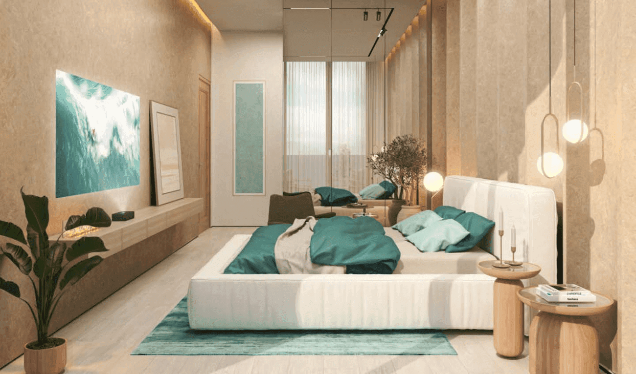 Cozy bedroom with teal accents and natural wood