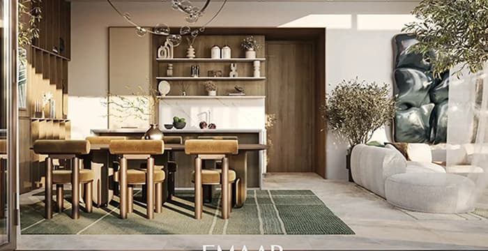 Modern villa dining area with elegant wood furnishings