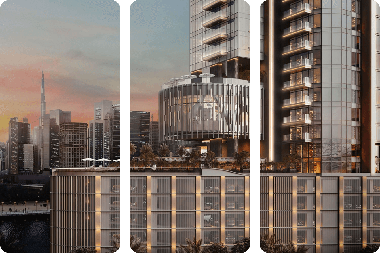 Modern building with balconies and sunset view