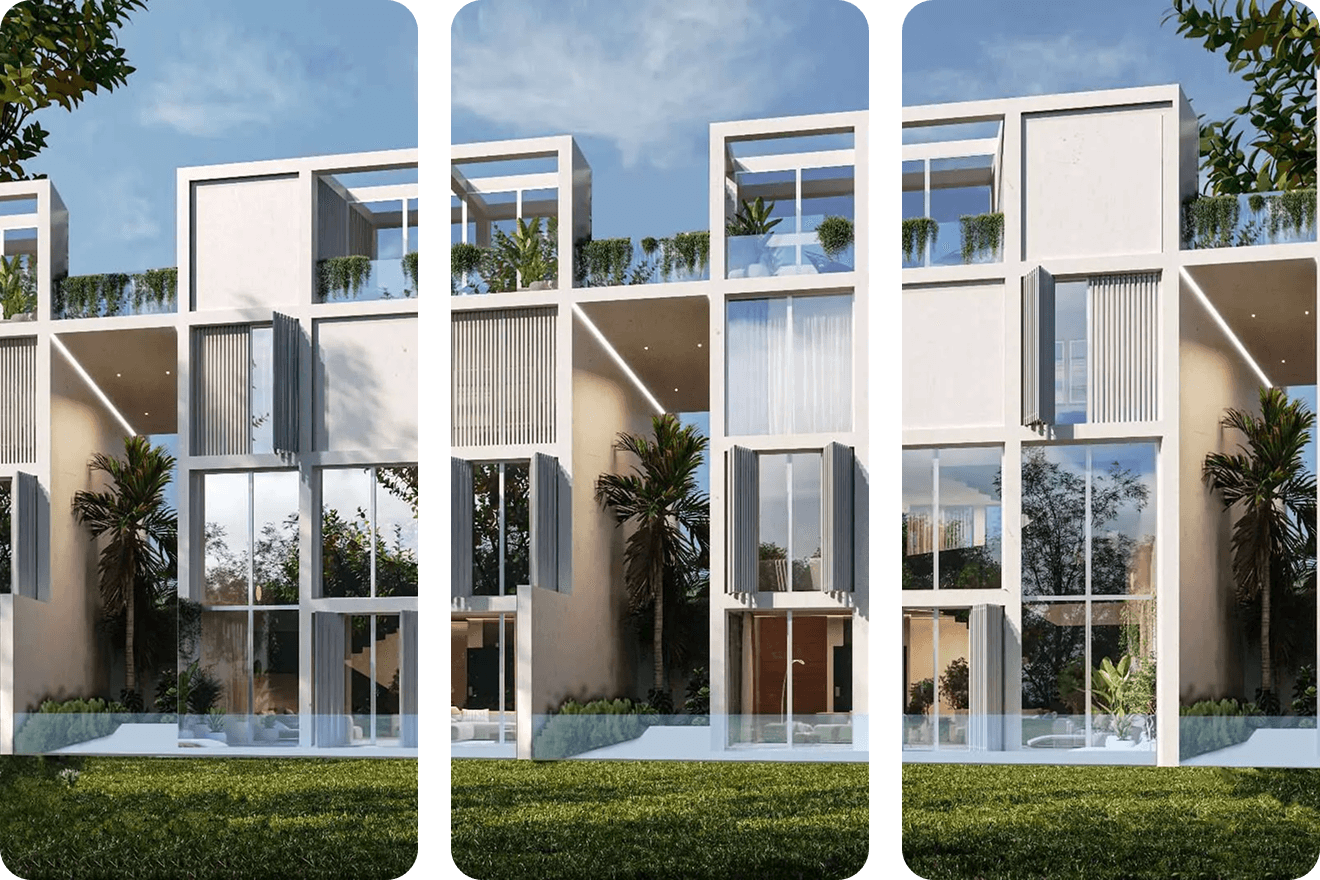 Three-panel view of modern glass building