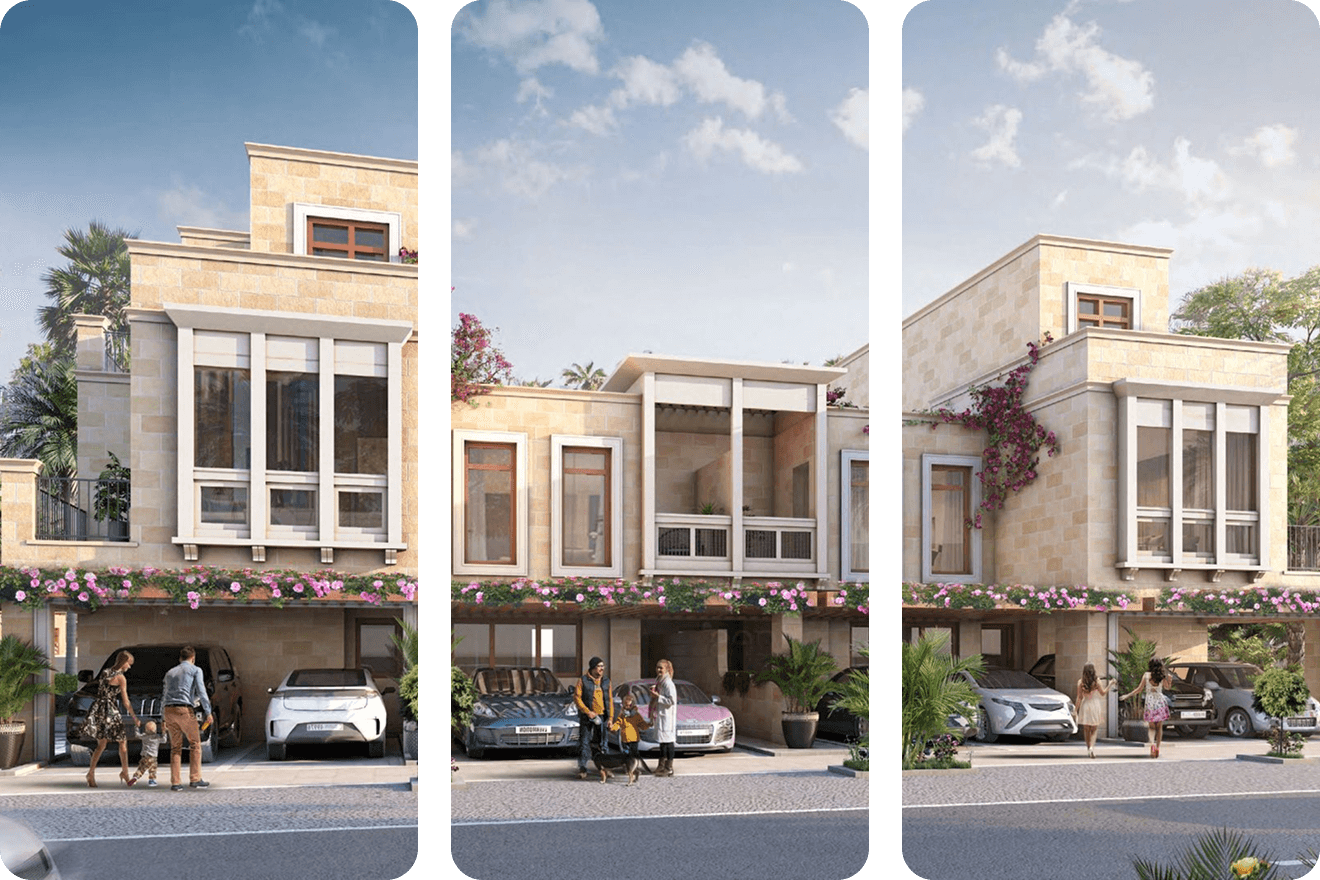 Modern building with family walking, flowers, and greenery