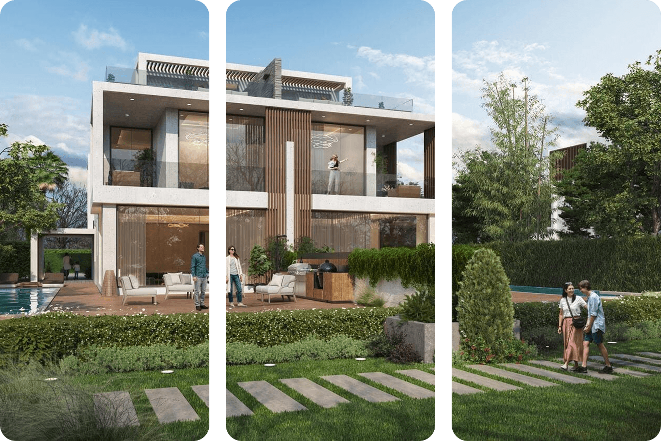 Modern luxury villa with garden, pool, and balconies