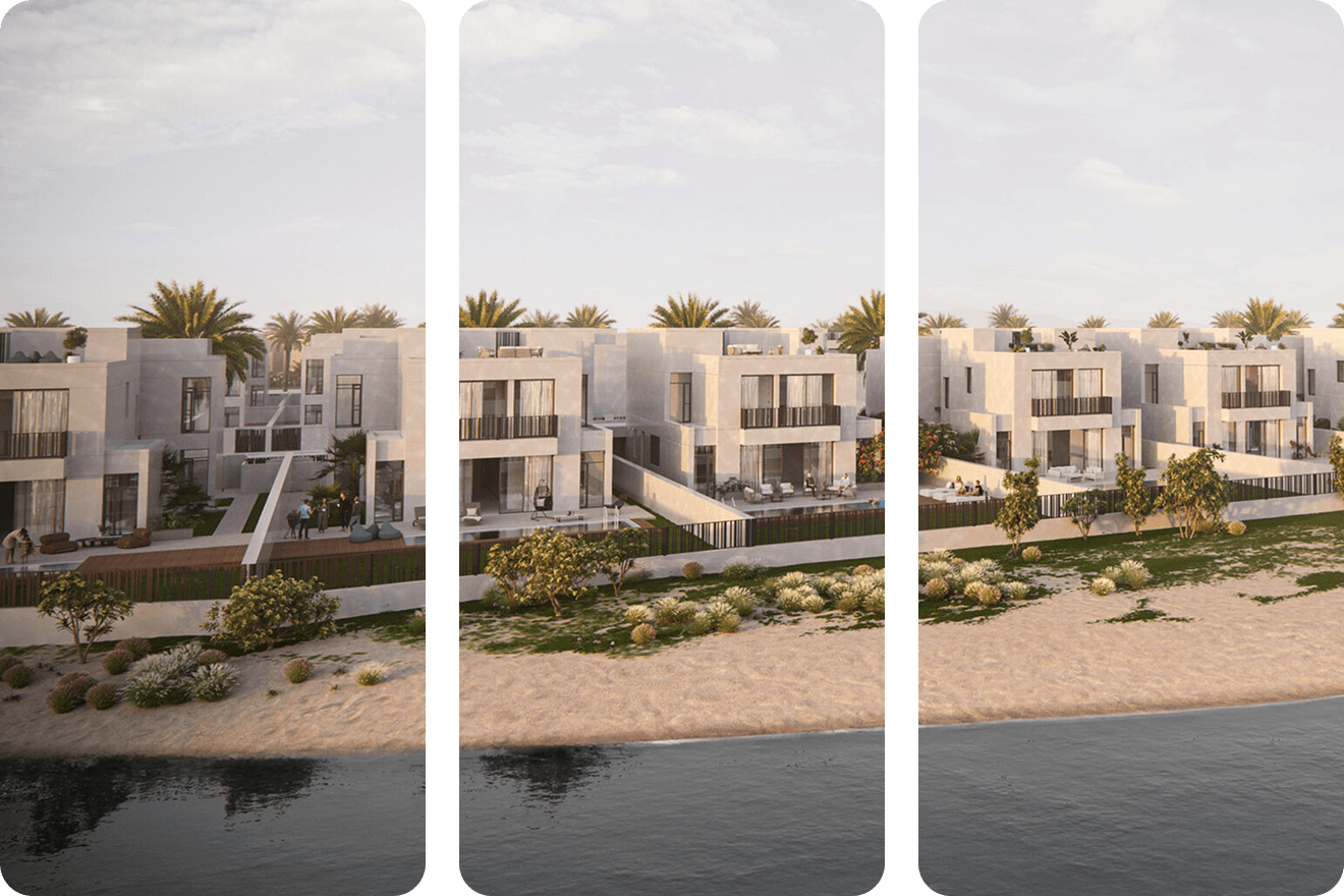 Modern waterfront villas in a sunny, serene setting