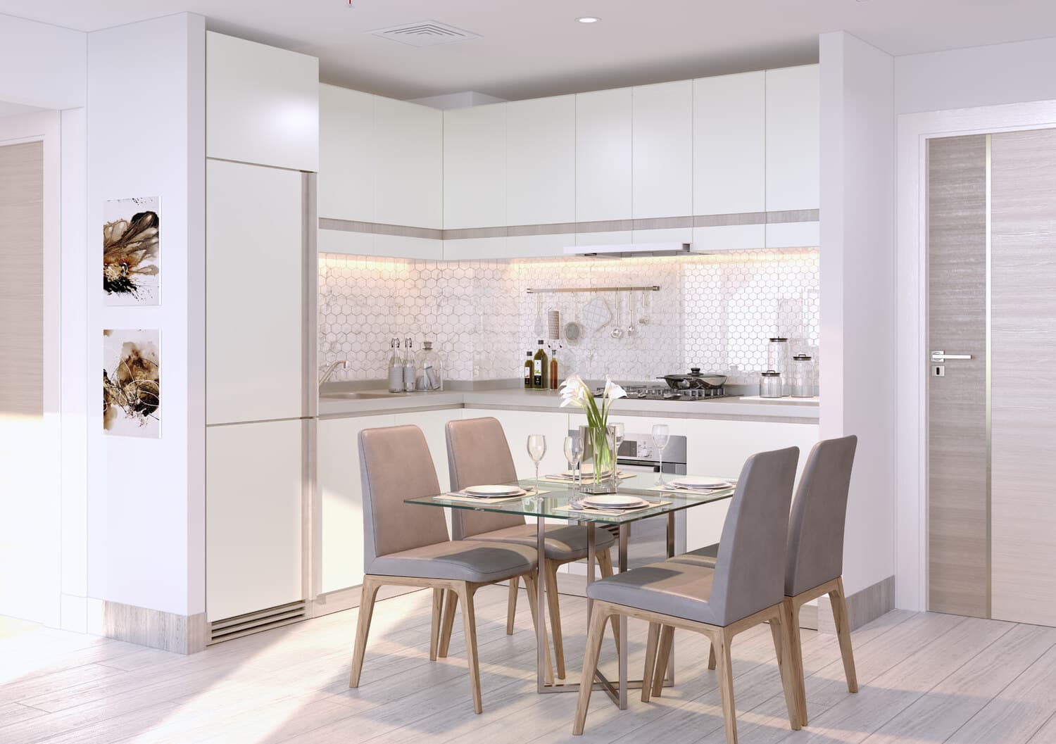 Contemporary kitchen and dining area with sleek finishes