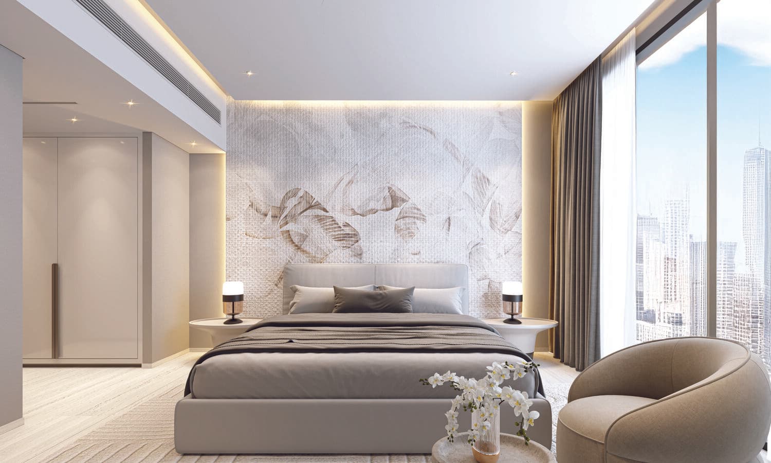 Modern bedroom with city view and soft lighting