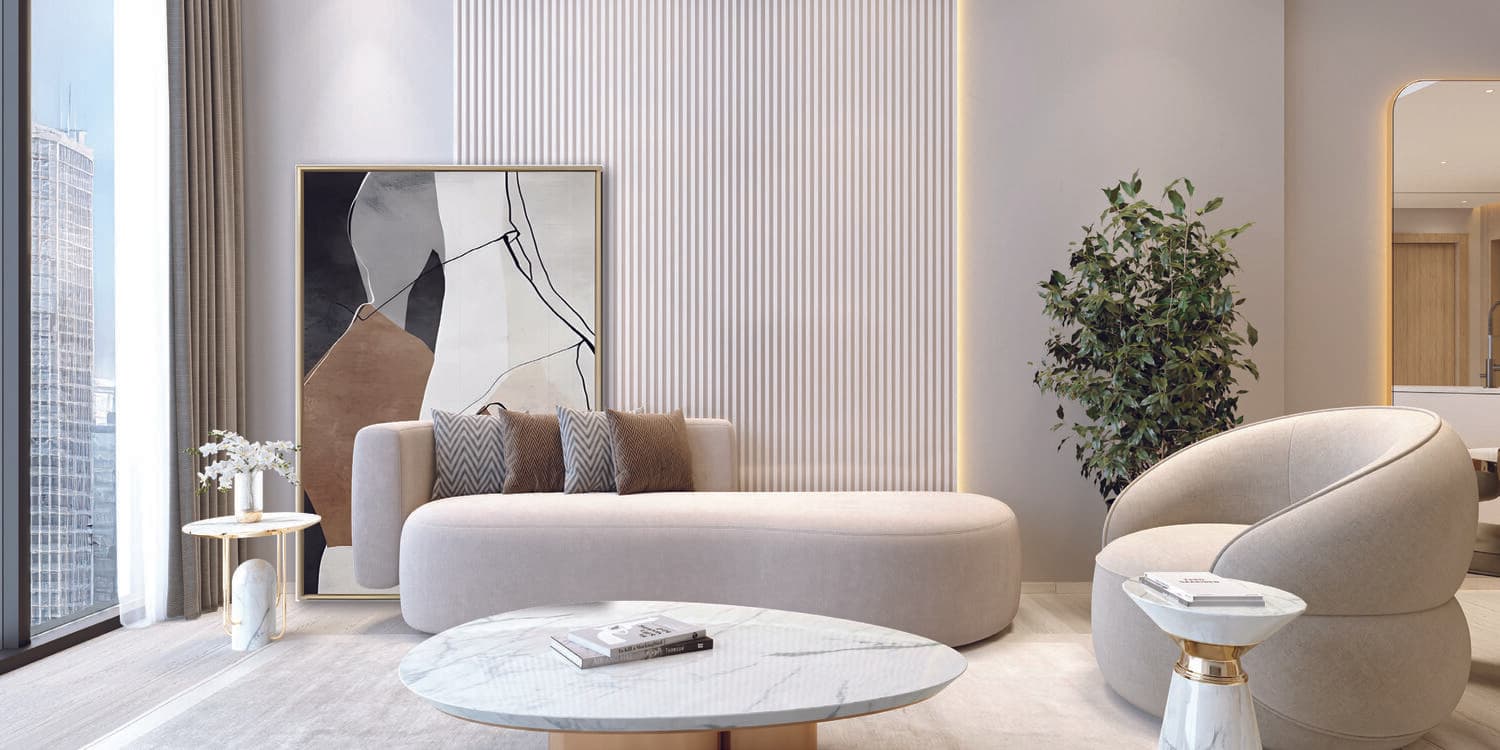 Contemporary living room with abstract artwork