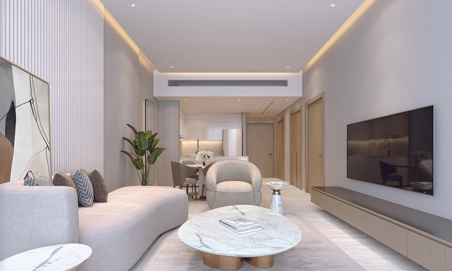 Open-plan living and kitchen area with decor