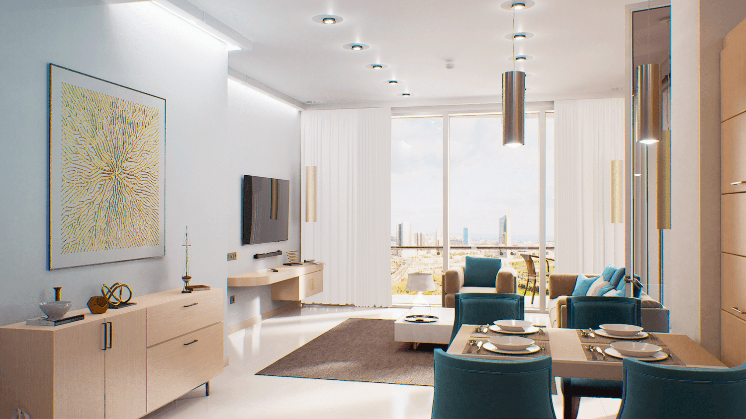 Living room with marble table, large windows, and view