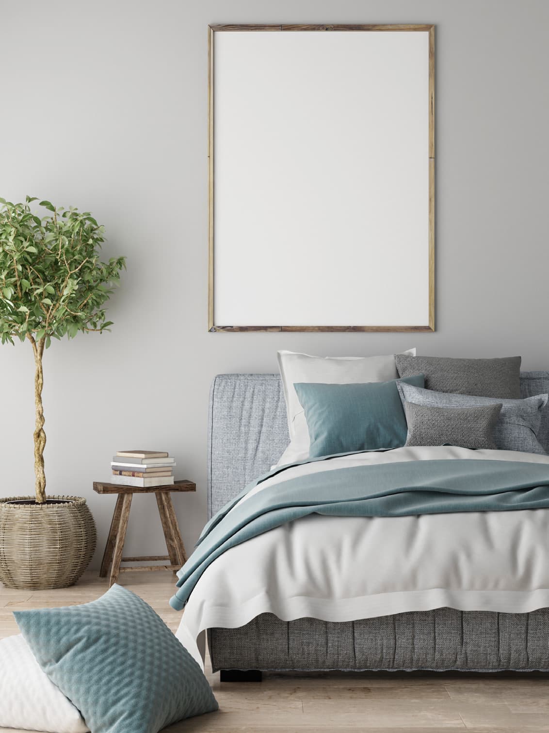 Minimalist bedroom with light grey walls and soft teal bedding