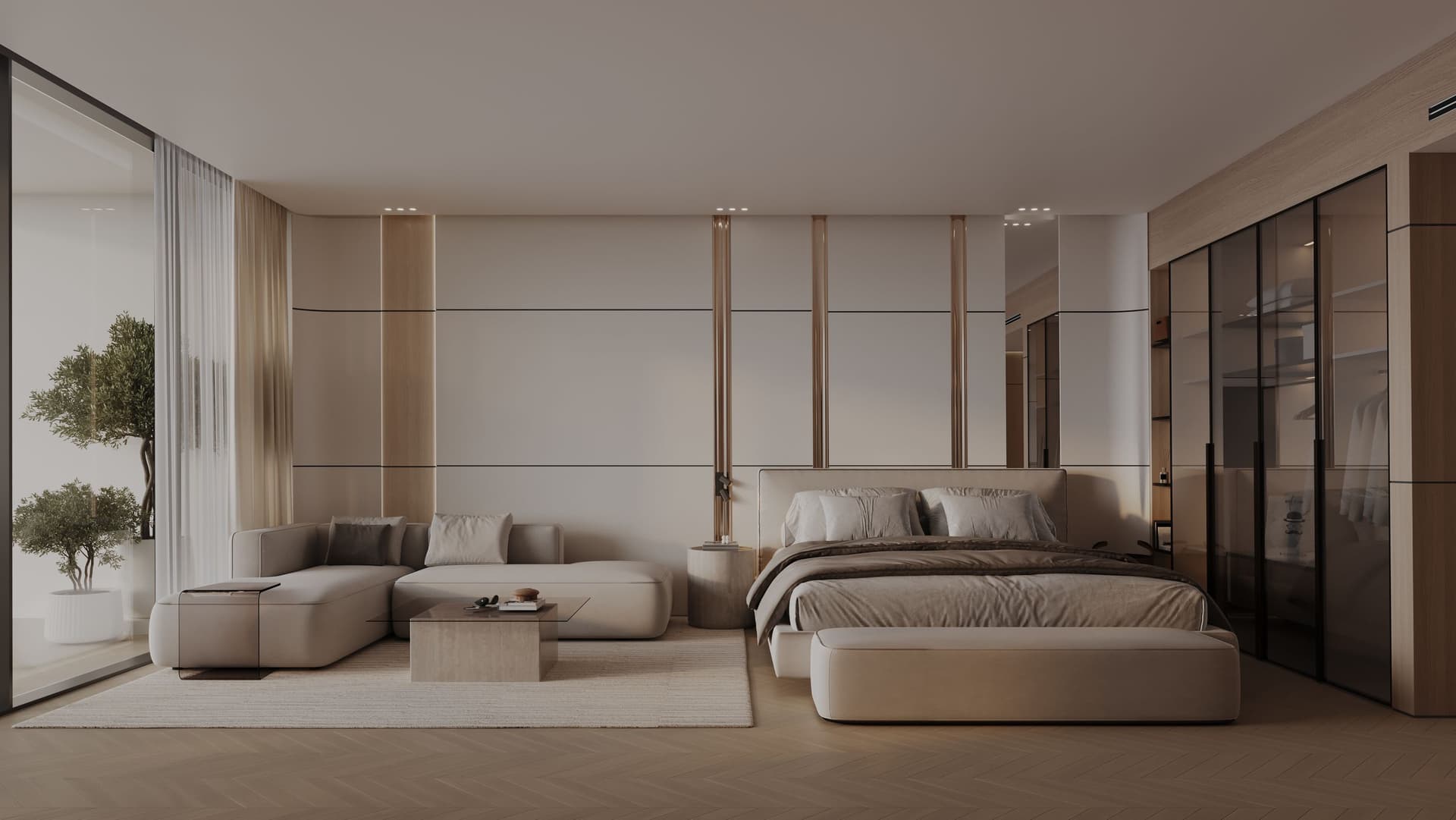 Sleek and modern bedroom with large windows and simple decor