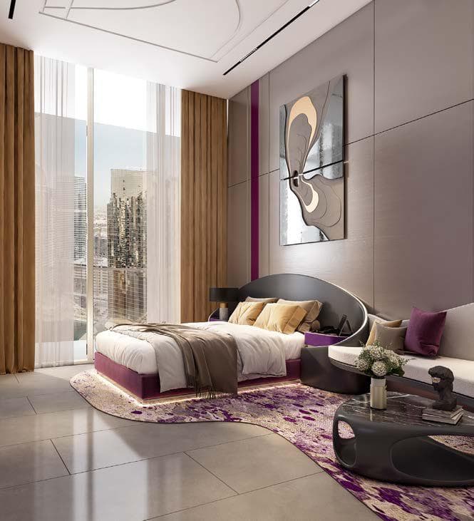 Stylish modern bedroom with purple accents and city view