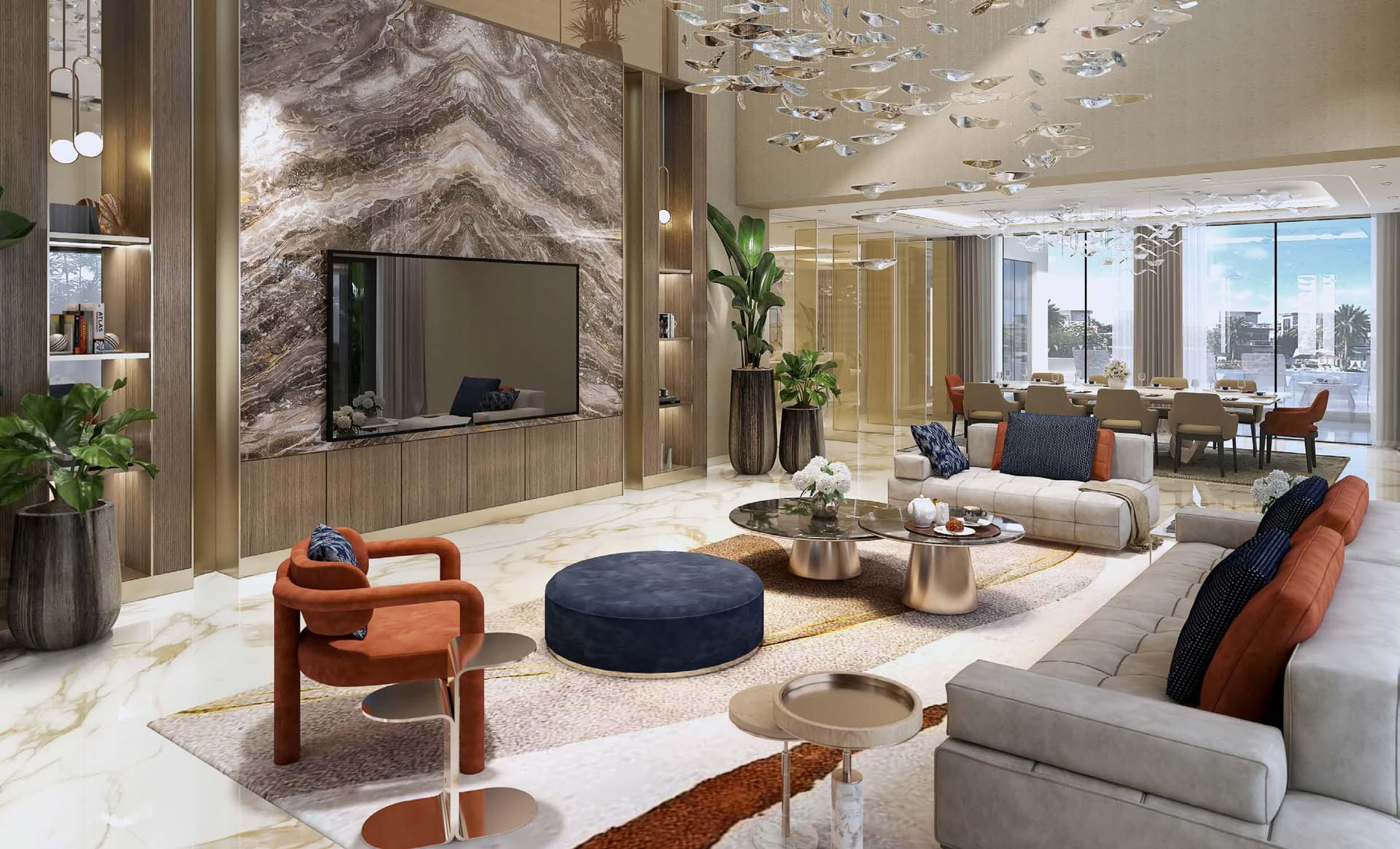 Luxurious living area with plush furniture and marble walls