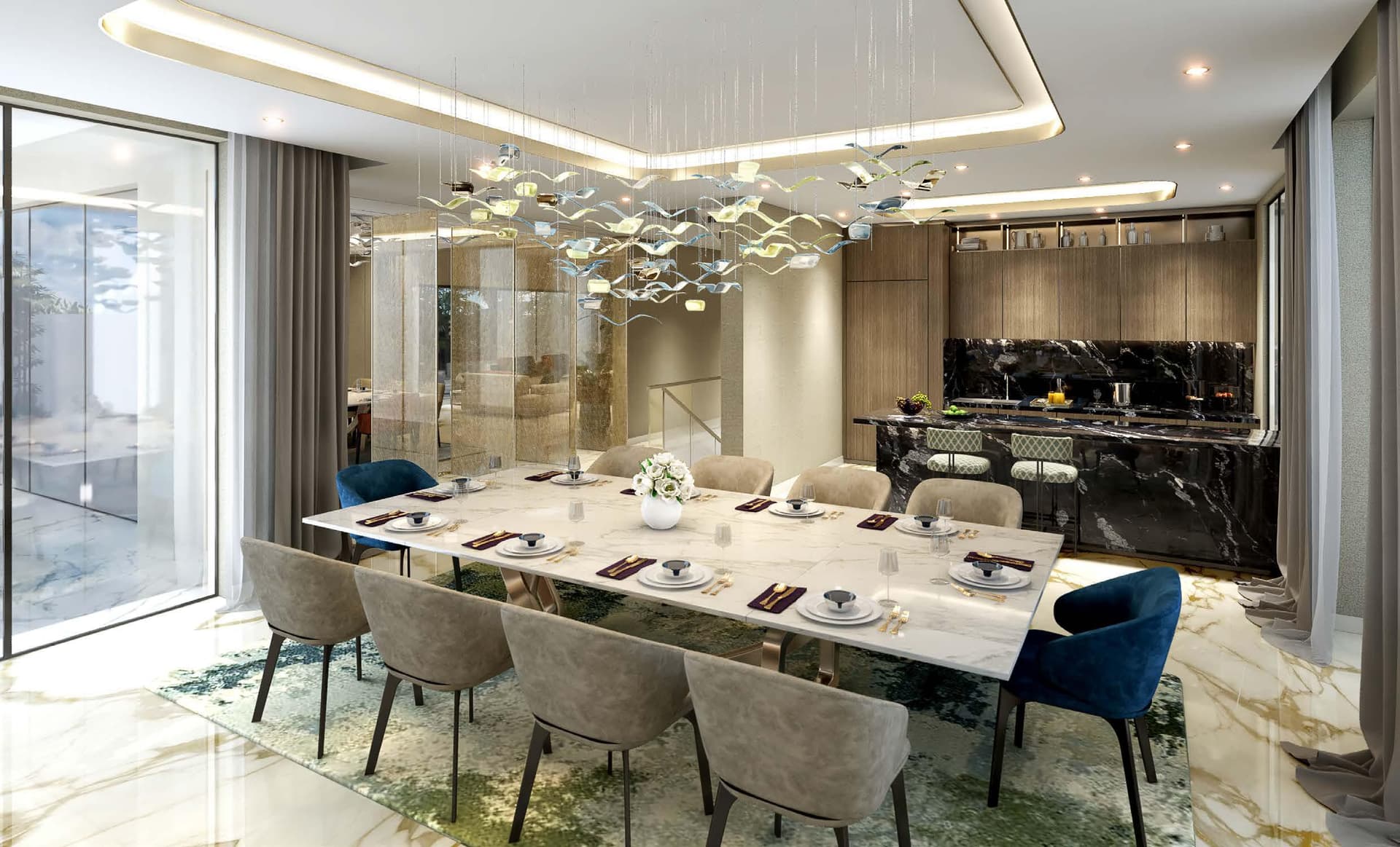 Kitchen and dining space with a marble table and sleek design