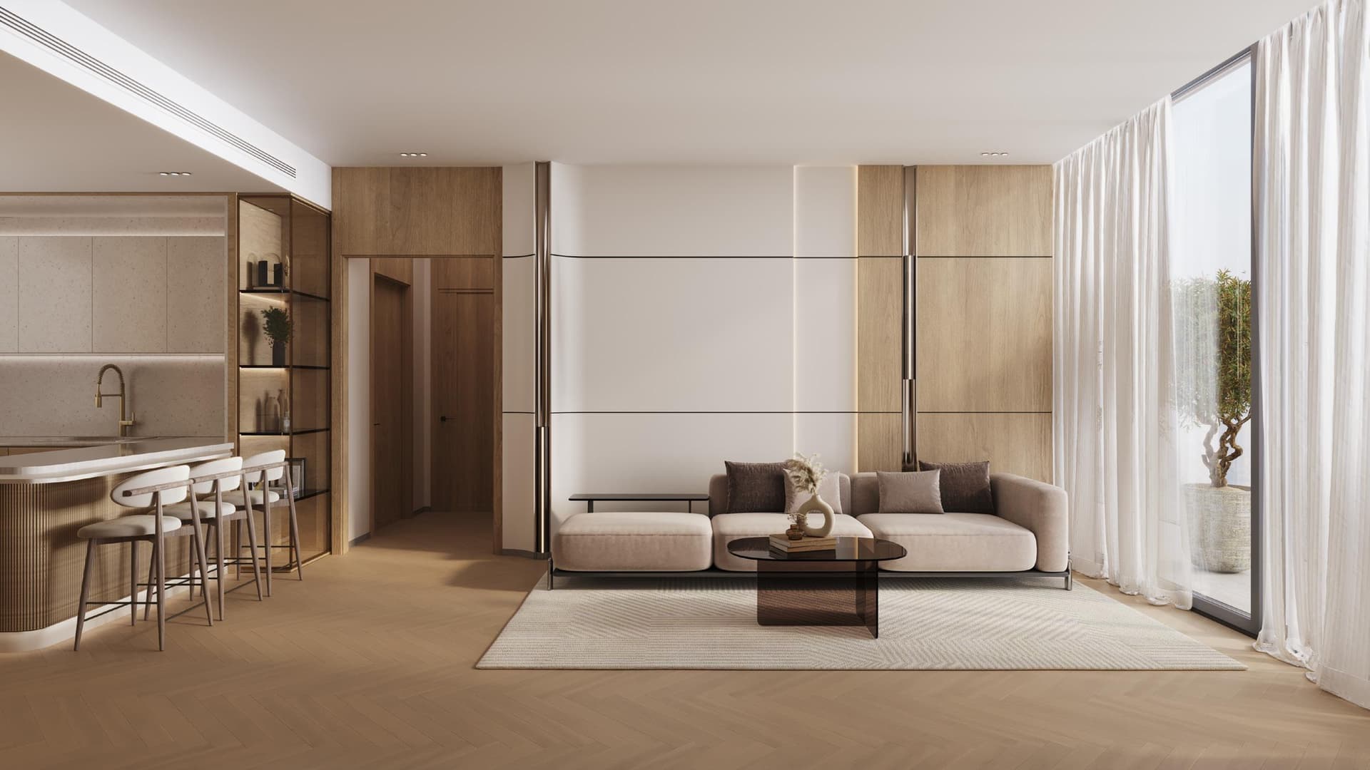 Open living space with kitchen and cozy seating area