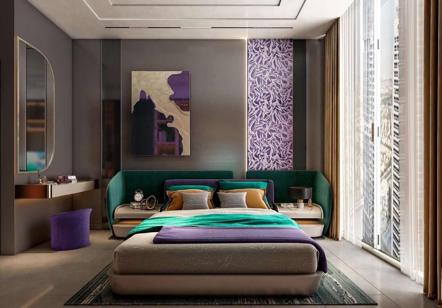Vibrant green and purple bedroom with geometric design