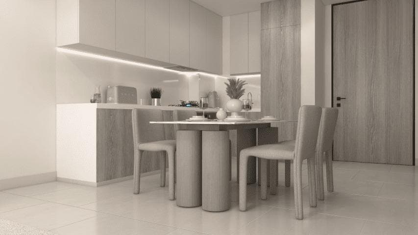 Modern kitchen with sleek dining setup
