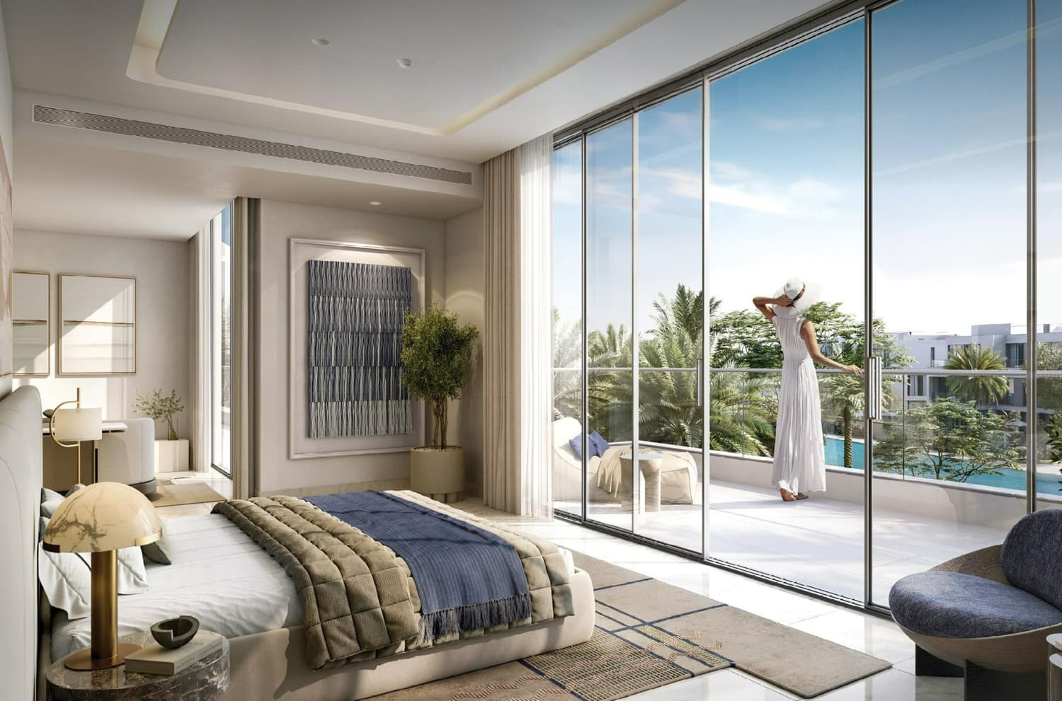 Cozy bedroom with large windows offering a pool view