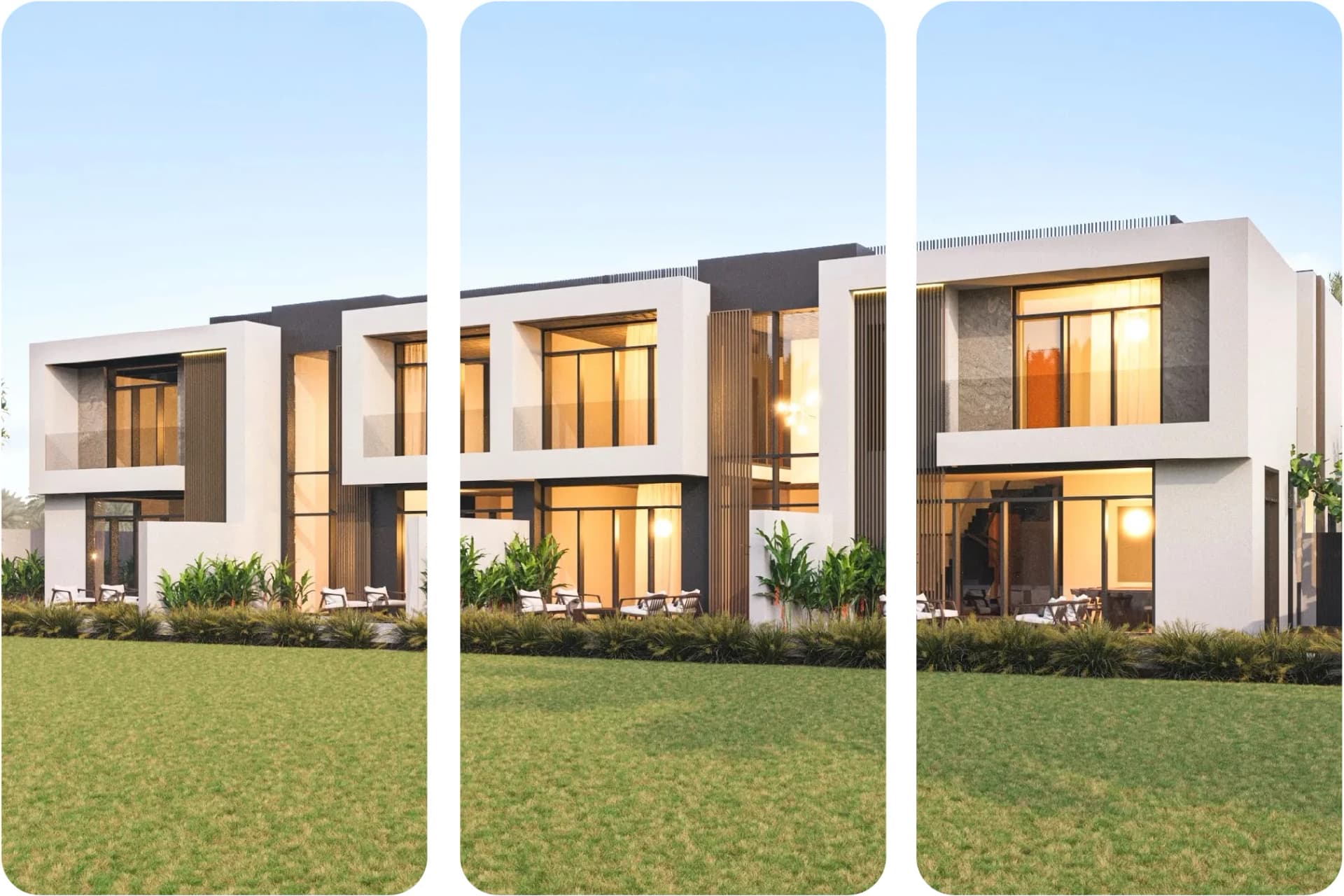 Modern white townhouses with large windows