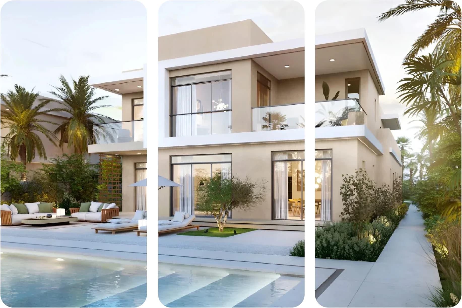 Exterior view of a luxurious villa with pool and lounge area