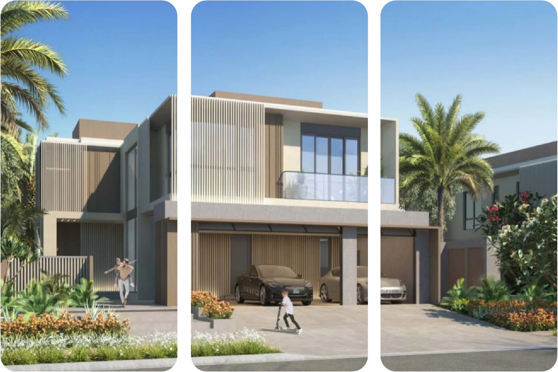 Exterior view of a contemporary villa with palm trees and outdoor space