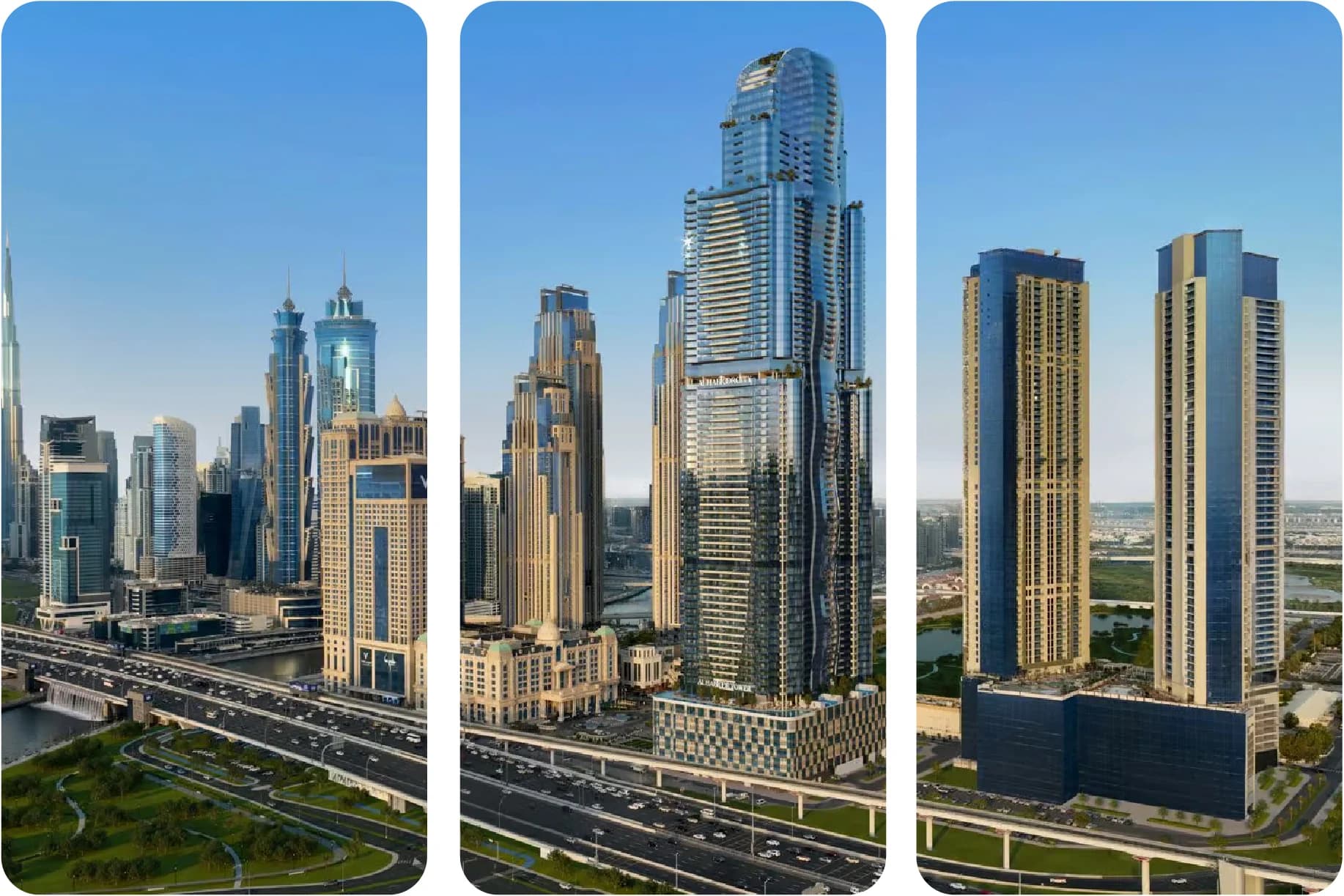 A skyline view of luxury skyscrapers in a city with clear blue skies