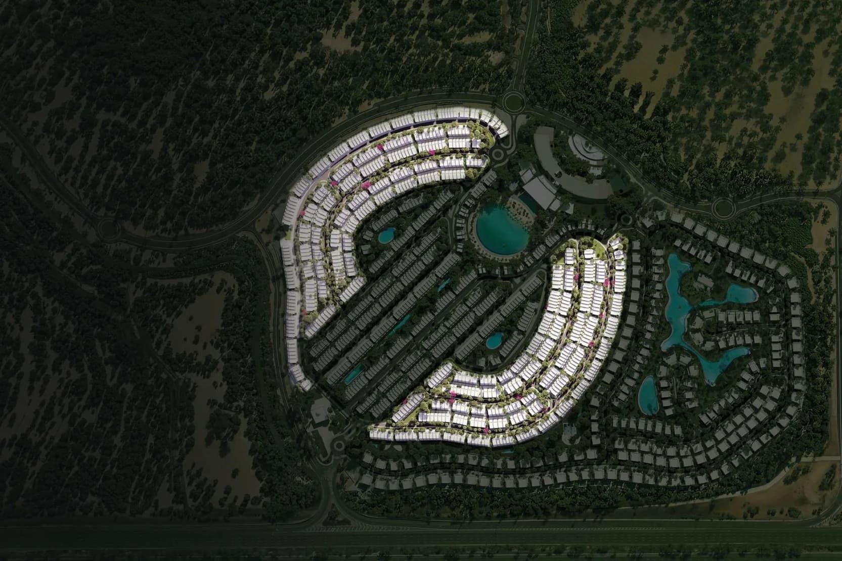 Aerial master plan view of Tilal Dunes community Dubai