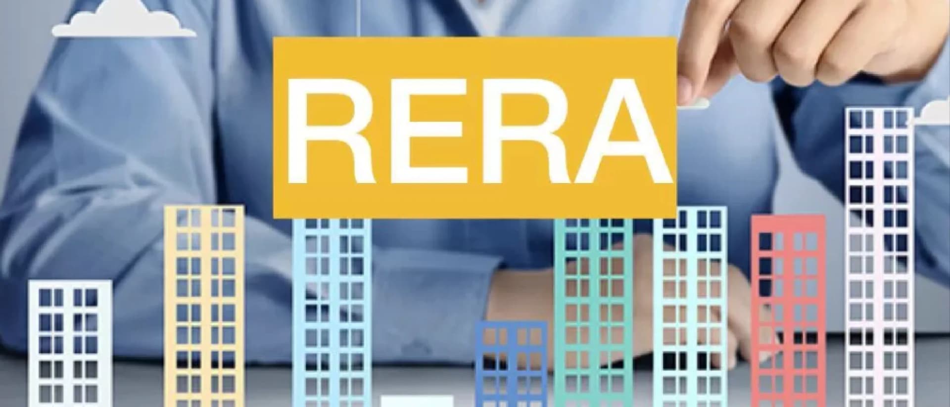 A hand holding a "RERA" sign over building illustrations