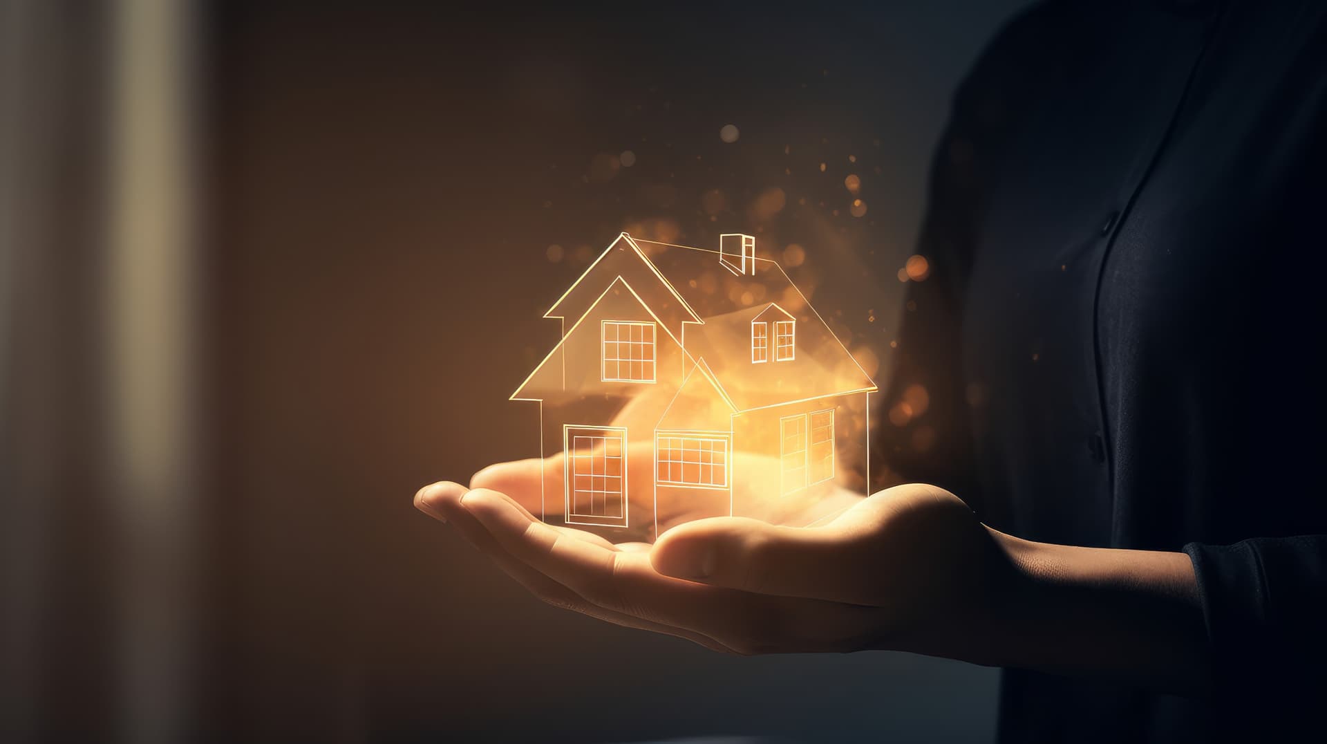 A hand holding a glowing, digital house icon representing real estate