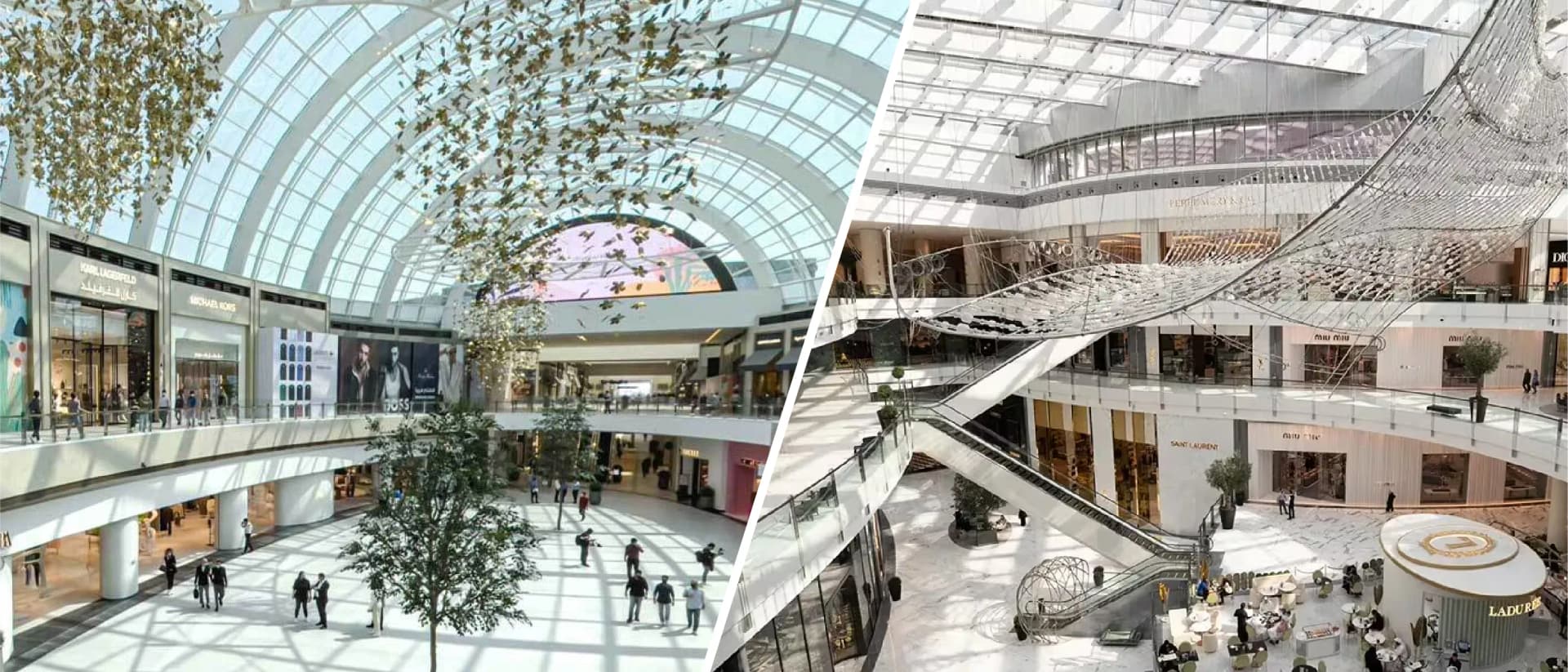Luxury shopping mall with modern design and art displays