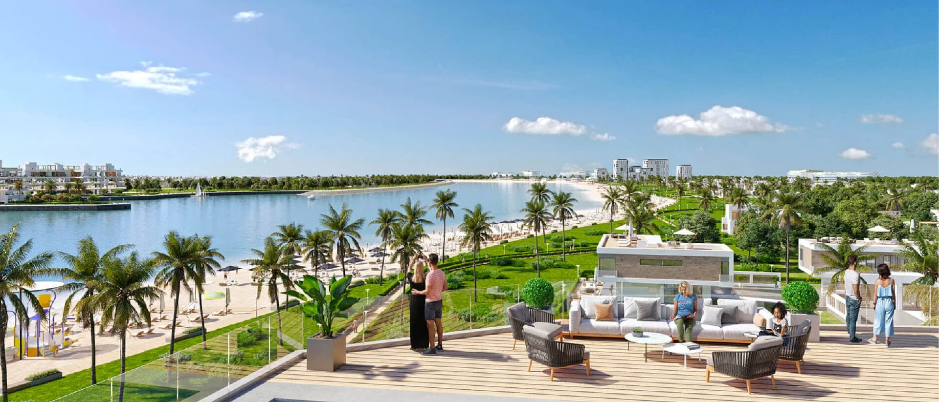 People socializing outdoors with a view of Dubai Islands