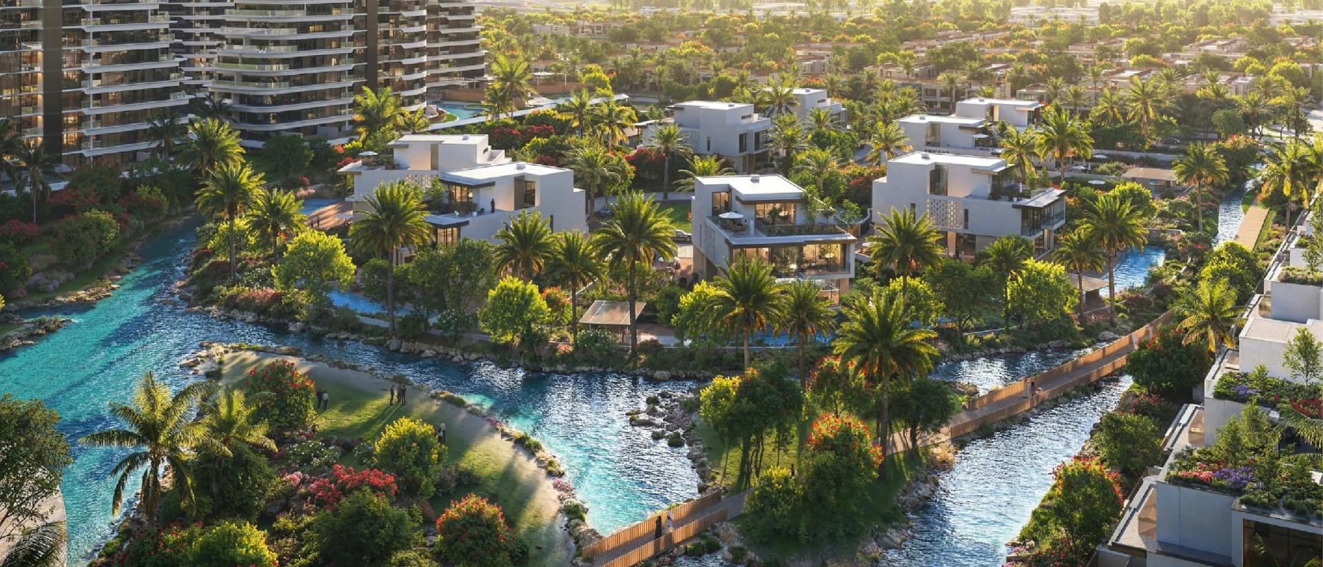 An aerial view of a luxurious island community