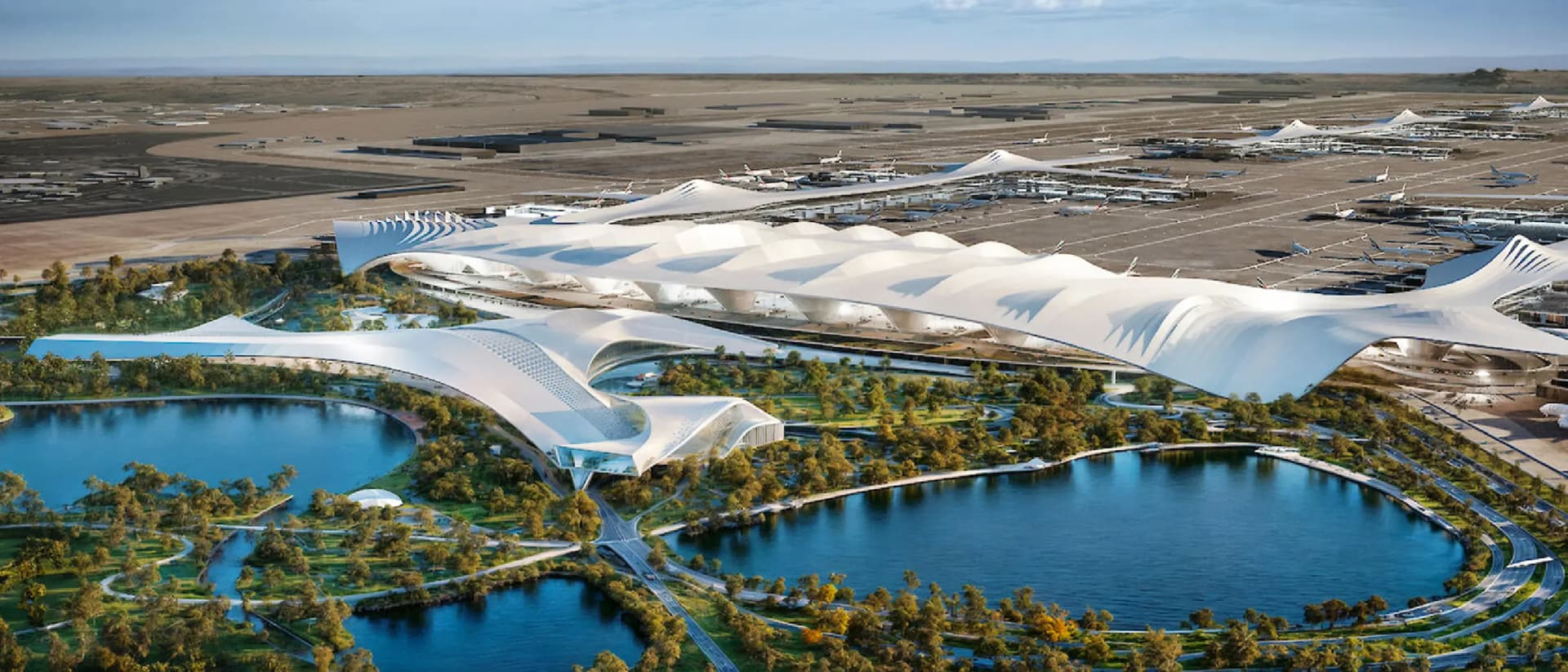 Futuristic airport design with modern white roof and lakes