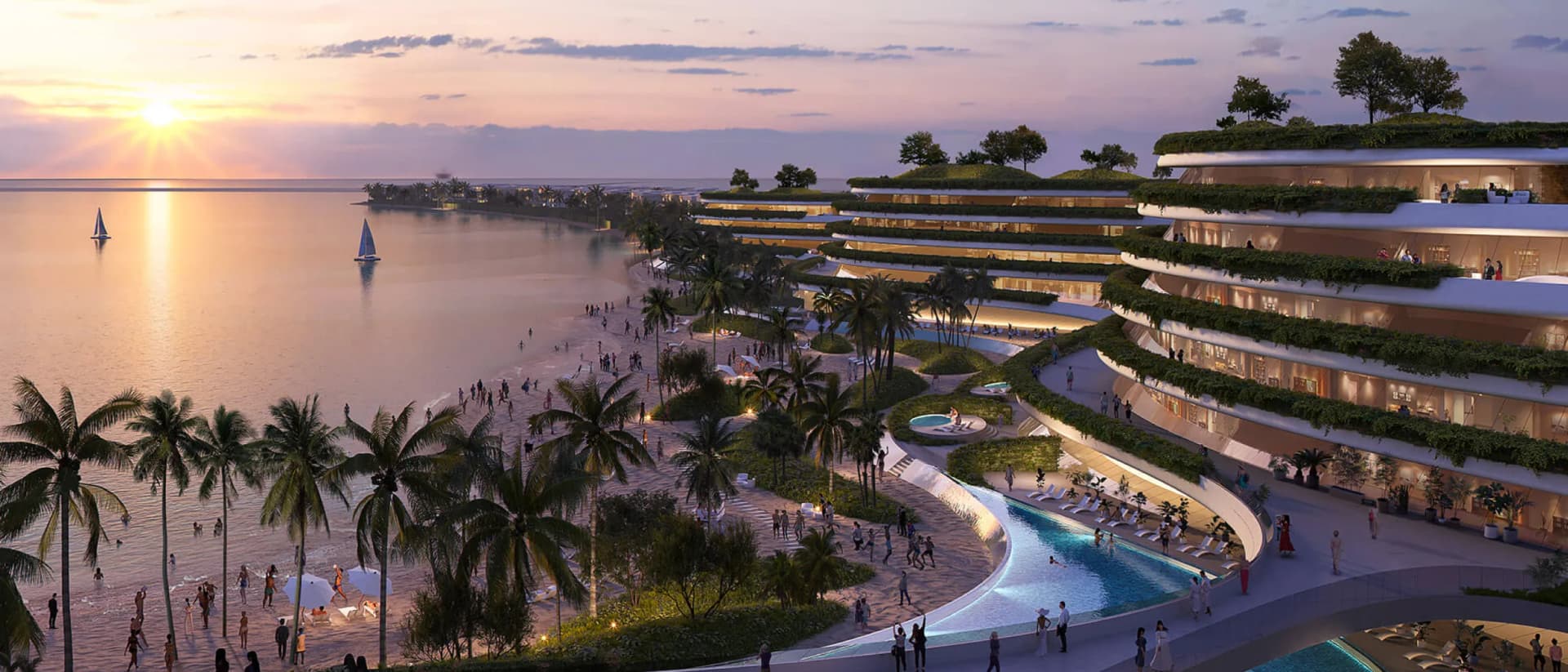 Beachfront luxury residences at sunset in Dubai