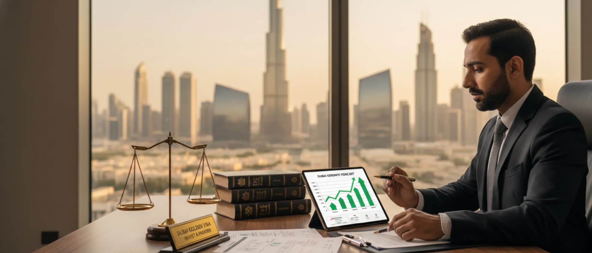 Businessman analyzing Dubai economy growth report