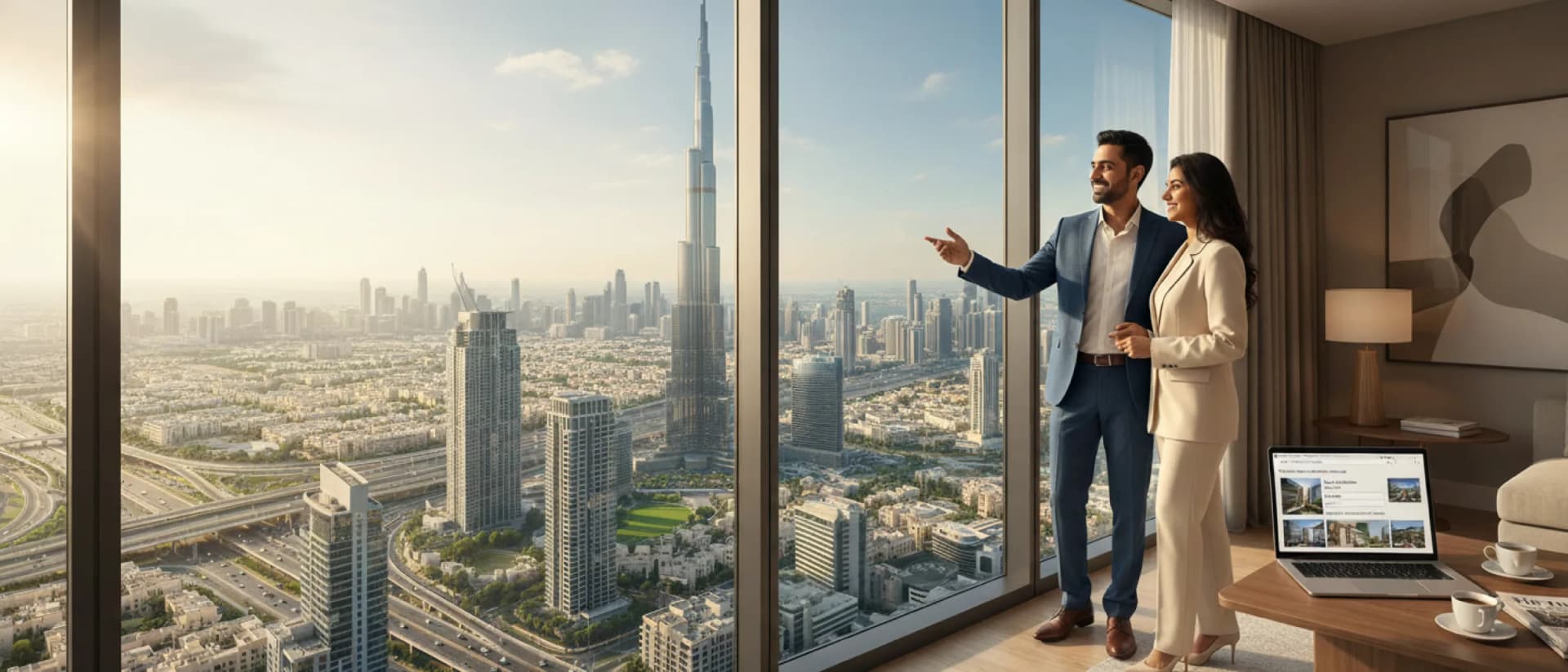 Couple viewing Burj Khalifa skyline from apartment