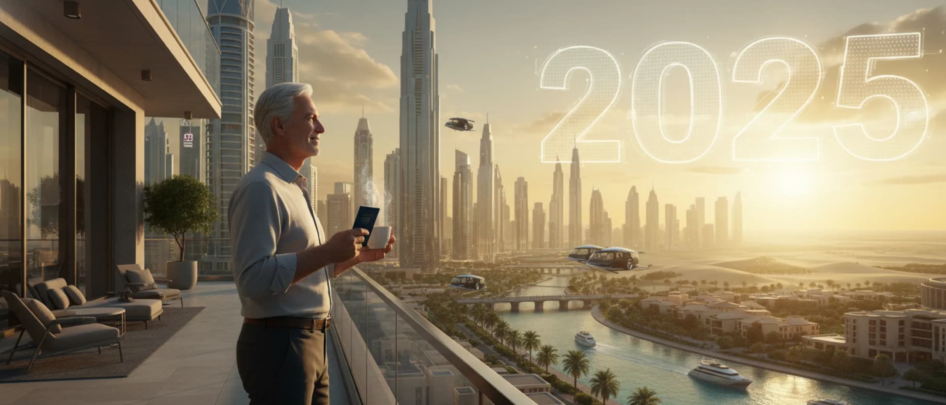 Futuristic Dubai skyline 2025 with flying cars