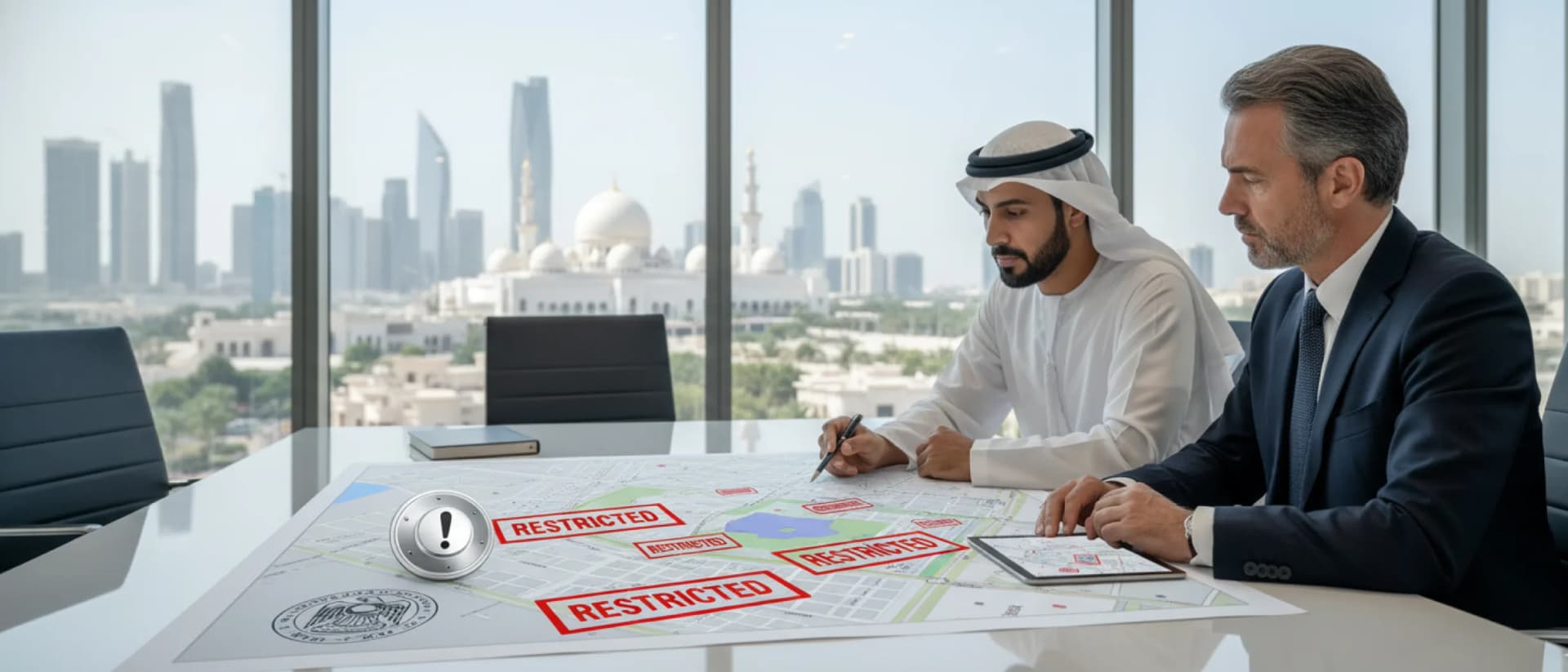 المسؤولون يراجعون خريطة المنطقة المحظورة في المكتب