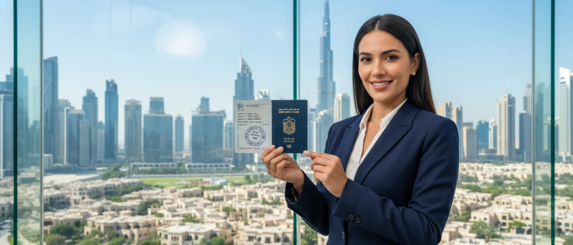 Woman holding UAE passport with Dubai skyline view