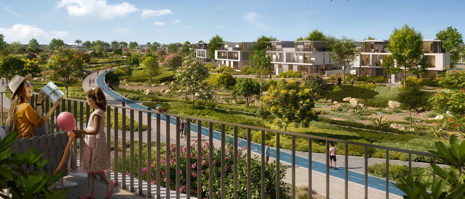 Green community park view with people walking