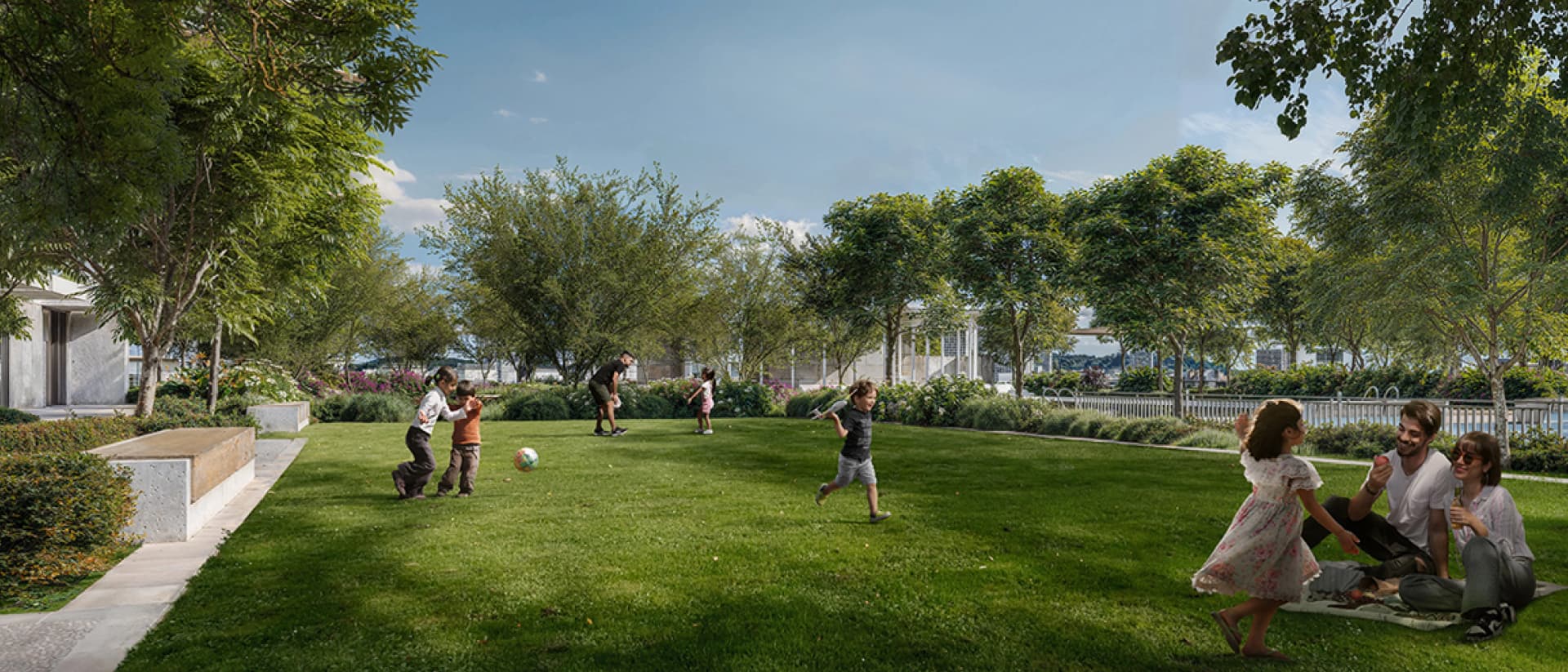 أشخاص يستمتعون بيوم مشمس في حديقة خضراء ذات مناظر طبيعية