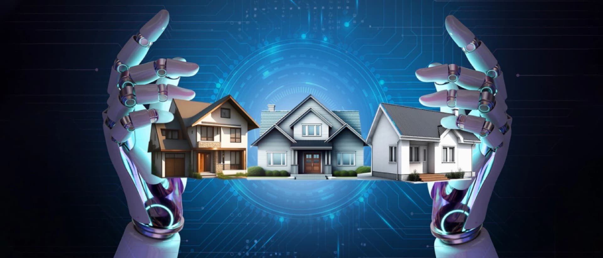 أيدي الذكاء الاصطناعي تحمل نماذج منازل. تكنولوجيا العقارات