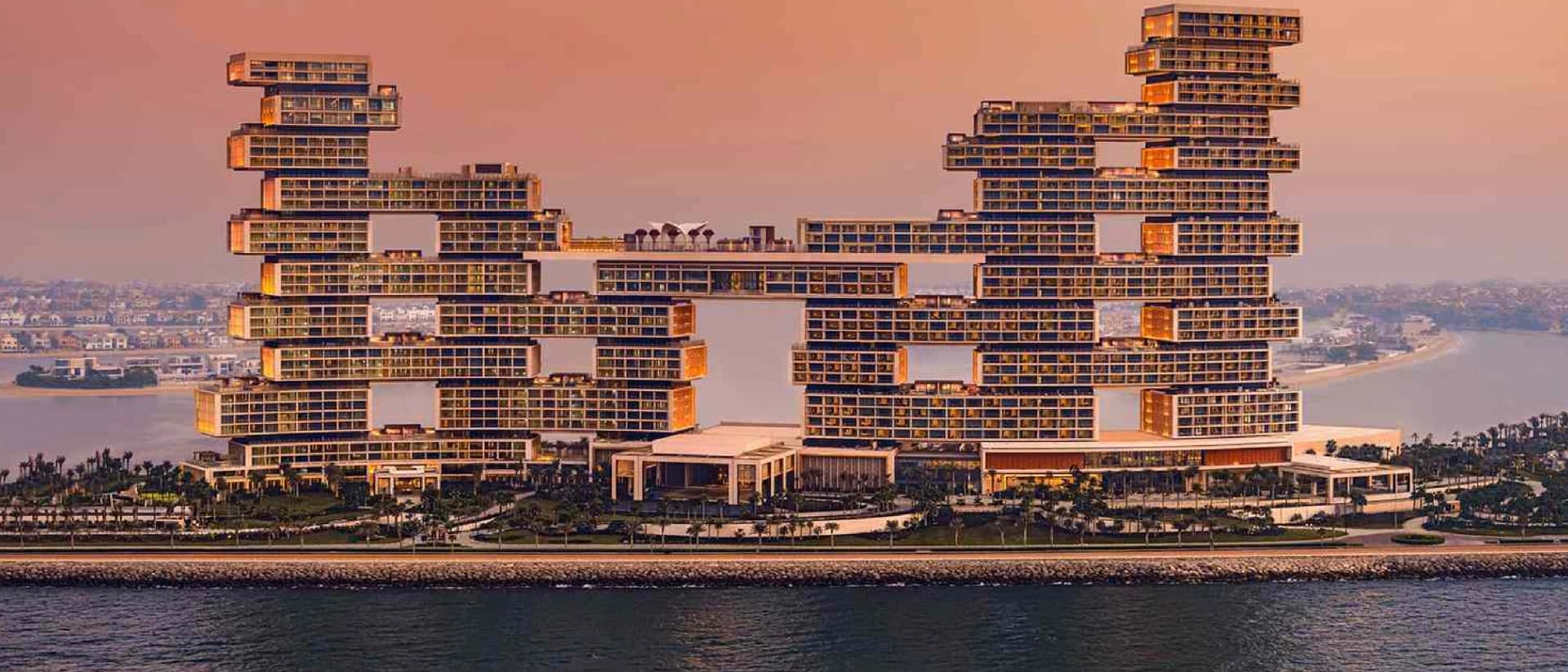 The unique architecture of Atlantis The Royal, Dubai, at sunset