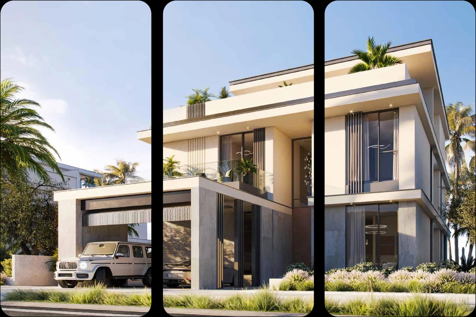 Modern Dubai Islands villa with cars in driveway