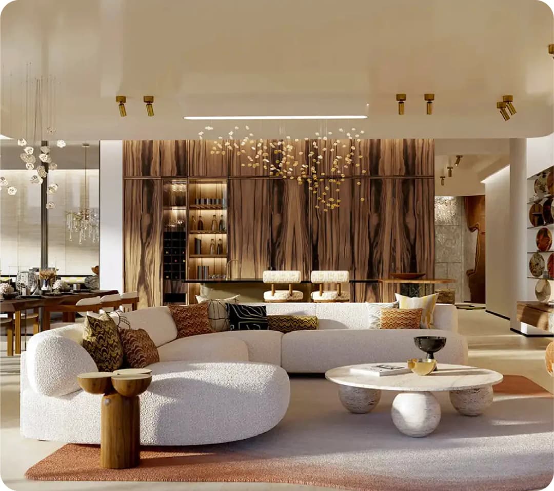 غرفة معيشة عصرية فاخرة بديكور خشبي أنيق